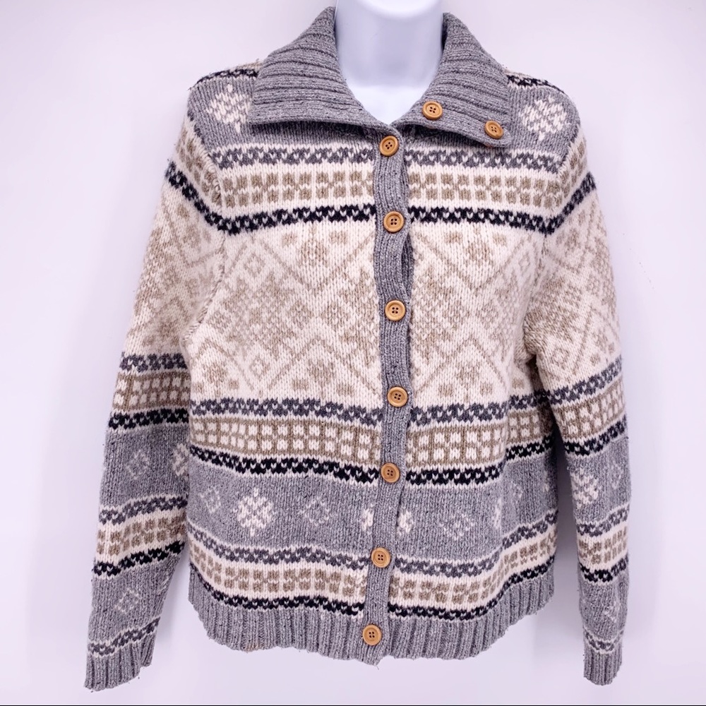 Vintage 90s Eddie Bauer Womens Fair Isle Nordic Knit Cardigan Sweater Size MP